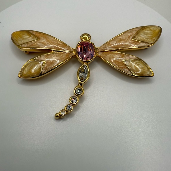 Vintage K.J.L. for Avon Dragonfly Brooch – Gold Tone Enamel Rhinestone Pin - Picture 3 of 5